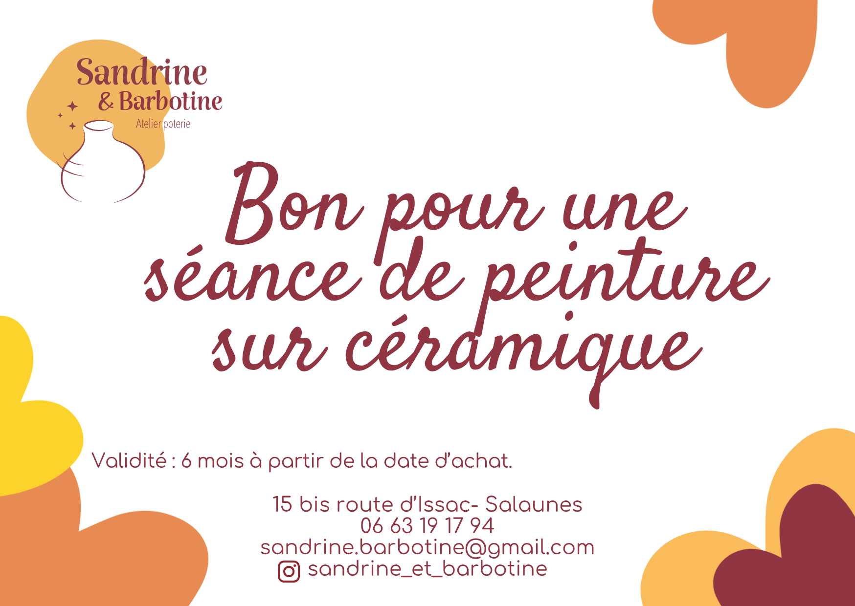 Bon cadeau pour une séance de peinture sur céramique, proposé par Sanrdine et Barbotine, dans son atelier de poterie à Salaunes près de Bordeaux.